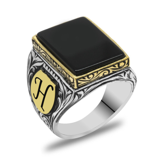 Black Onyx Stone Classic Design Personalized Name Letter Written 925 Sterling Silver Men Ring