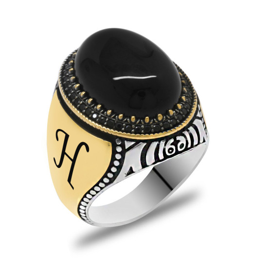 Onyx Stone Zircon Stone Mounted Personalized Name Letter Written Silver Men Ring