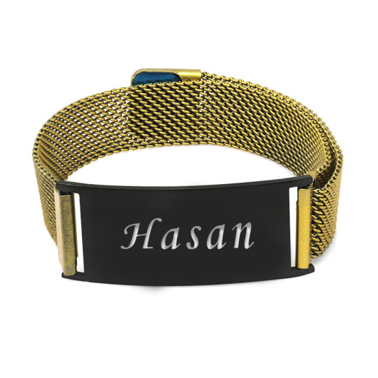 Personalized Name Written Magnet Closure Antique Yellow Color Steel Men Mesh Bracelet