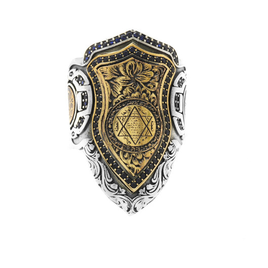 Black Zircon Stone And Seal Of Solomon Engraved Silver Archer Ring