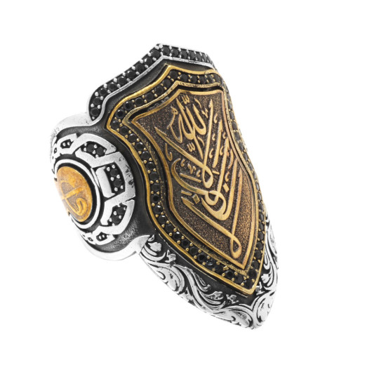 Zircon Stone Arabic Allah Written Silver Men Zihgir Ring