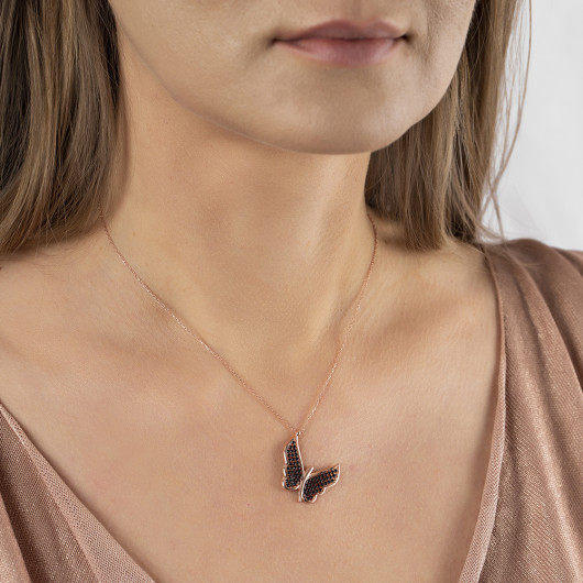 Elegant Design Rose Color Silver Butterfly Necklace With Black Zircon Stone