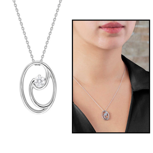 Diamond Solitaire Oval Design 925 Sterling Silver Women Necklace