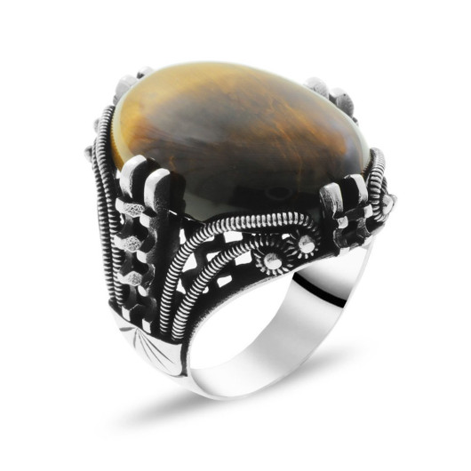 Nail Design Tiger Eye Stone Silver Men Ring