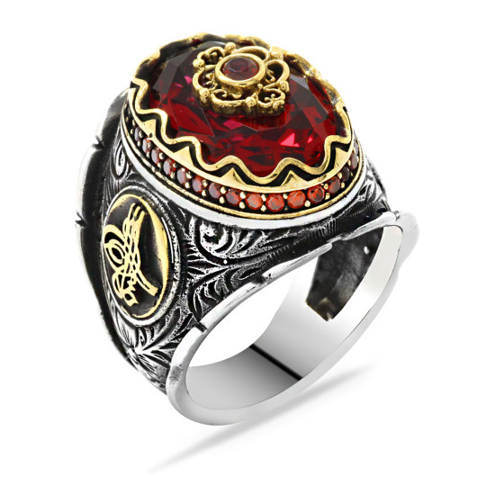 Tughra Figured Red Zircon Stone Silver Men Ring