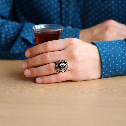 Tughra Figured Cut Black Zircon Stone Silver Men Ring