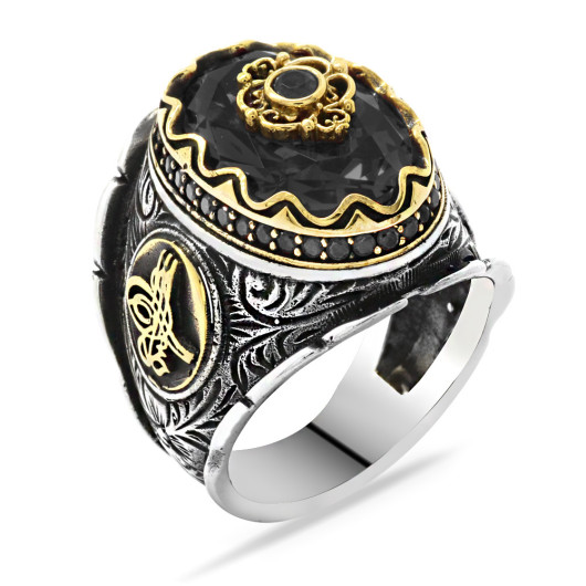 Tughra Figured Cut Black Zircon Stone Silver Men Ring