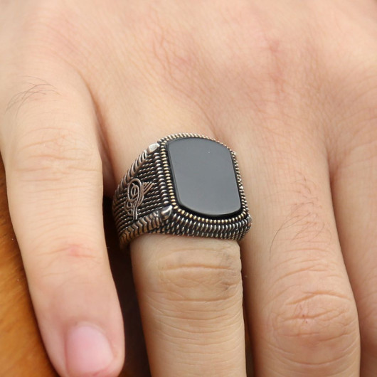 Tughra Embroidered Square Onyx Stone Silver Men Ring