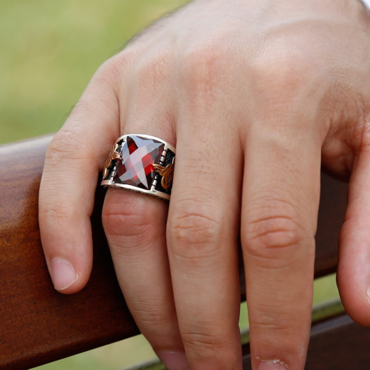 Tughra Embroidered Red Zircon Stone 925 Sterling Silver Men Ring