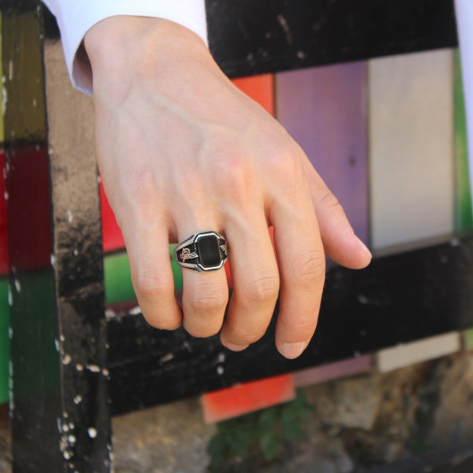 Tughra Embroidered Black Square Onyx Stone Silver Men Ring