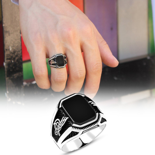 Tughra Embroidered Black Square Onyx Stone Silver Men Ring