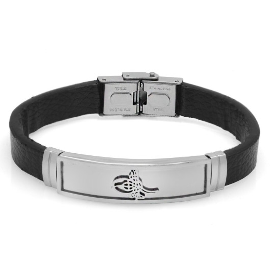 Tugra Design Black Leather Steel Combined Men Bracelet