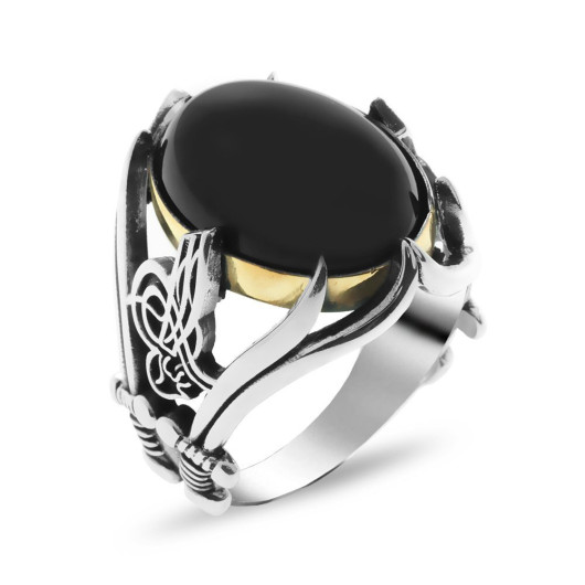 Black Onyx Stone Silver Men Ring With Tughra And Sword Embroidered