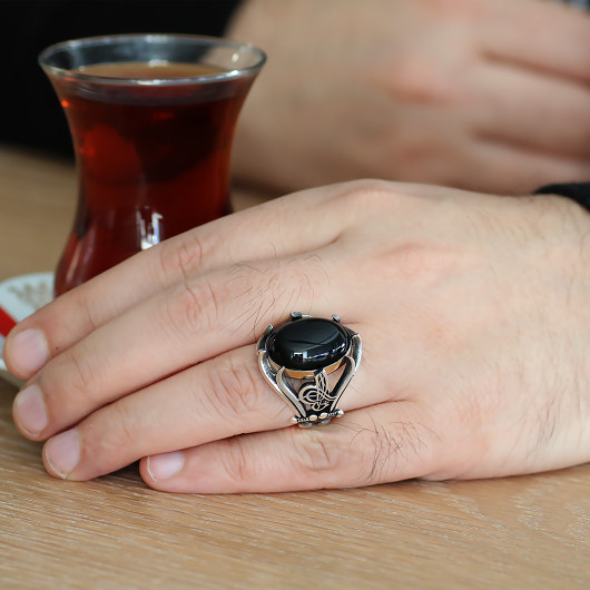 Black Onyx Stone Silver Men Ring With Tughra And Sword Embroidered