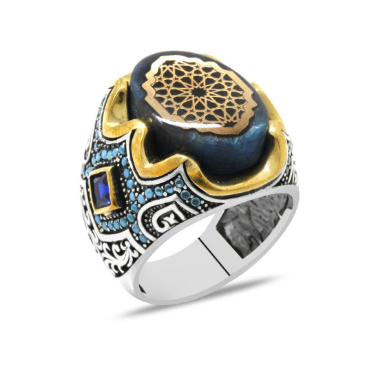 Silver Men Ring With Engraving On Turquoise Amber Sides