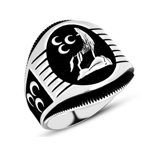 Three Crescent Embroidered Grey Wolf Motif 925 Sterling Silver Men Ring