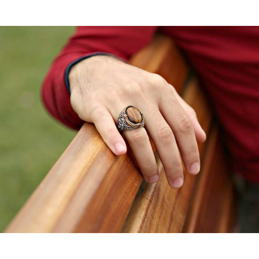 Vav Embroidered Tiger Eye Stone 925 Sterling Silver Men Ring