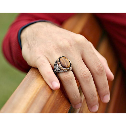 Vav Embroidered Tiger Eye Stone 925 Sterling Silver Men Ring