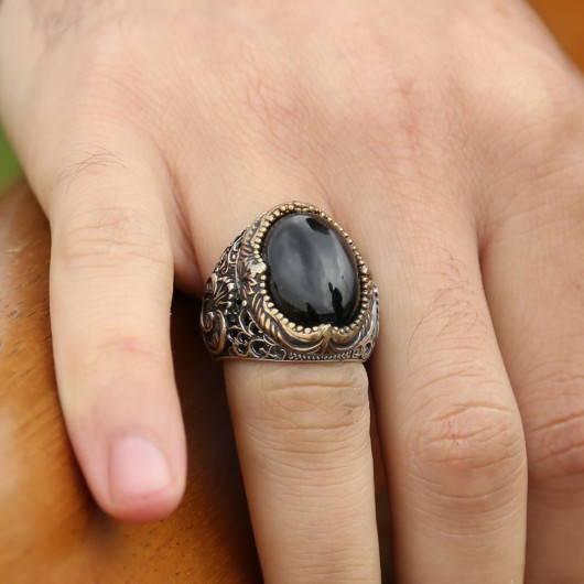 Vav Embroidered Black Onyx Stone 925 Sterling Silver Men Ring