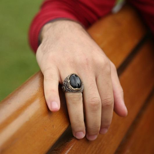 Vav Embroidered Black Onyx Stone 925 Sterling Silver Men Ring