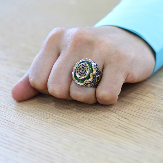 Silver Men Ring With Green Amber And Engraving On The Sides