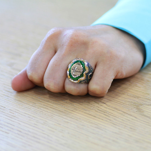 Silver Men Ring With Hasbiyallah Written On Green Amber