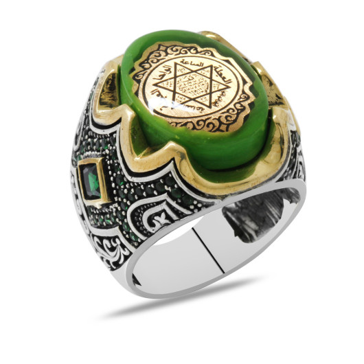 Silver Men Ring With Seal Of Solomon Embroidered On Green Amber