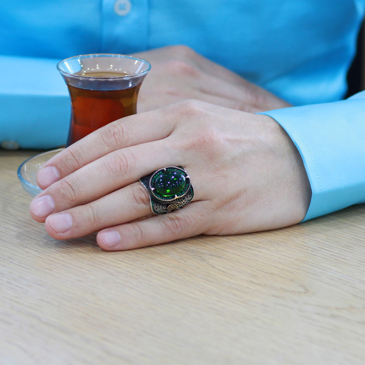 Silver Men Ring With Green Zircon Stone And Solomon Seal On The Edges