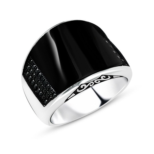 Zircon Stone Embroidered Black Domed Onyx Stone 925 Sterling Silver Men Ring