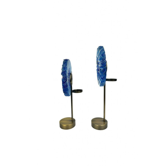 Set Of 2 Candlestick Fusion Glass Blue Discs