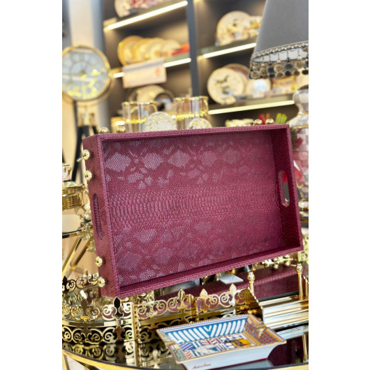 Burgundy Leather Tray With Decorative Gold Detail