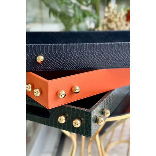 Decorative Gold Detailed Orange Leather Tray