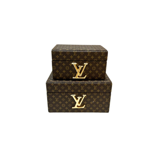 Decorative Lv Pattern Brown Leather Box Of 2