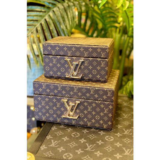 Decorative Lv Pattern Brown Leather Box Of 2