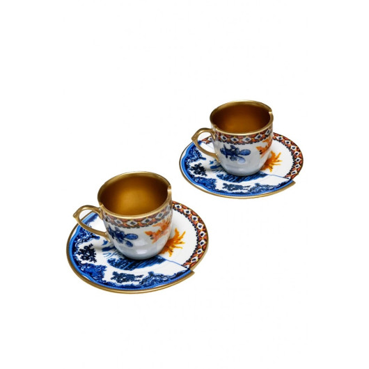 Set Of 2 Coffee Gold Cups With Gift Package With Two Patterns