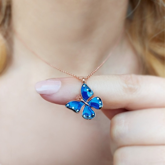 Women's 925 Silver Blue Enamel Butterfly Necklace