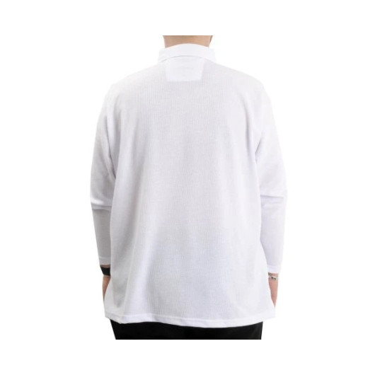 Plus Size Men Sweatshirt Polo Neck Long Sleeve White