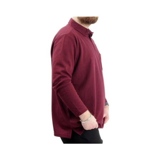 Plus Size Men Sweatshirt Polo Neck Long Sleeve Claret Red