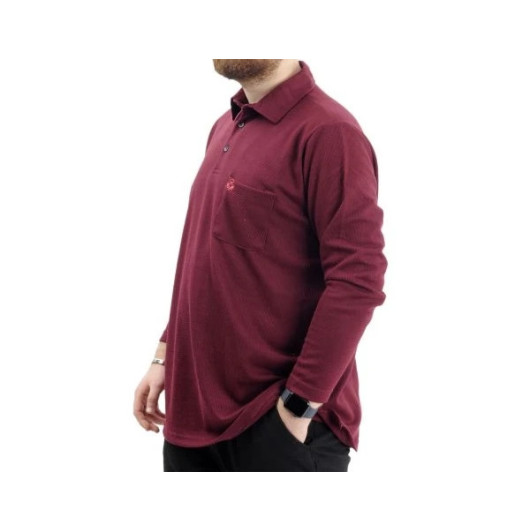 Plus Size Men Sweatshirt Polo Neck Long Sleeve Claret Red