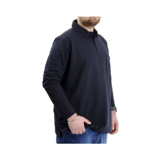 Plus Size Men  Sweatshirt Polo Neck Long Sleeve Navy Blue