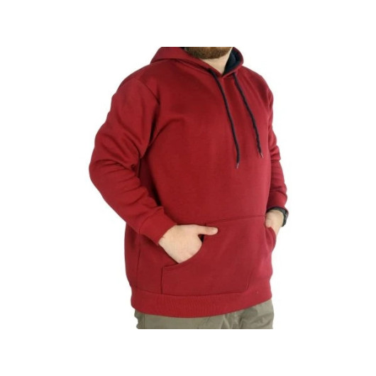 Men Sweatshirt Hooded Kangaroo Pocket Basic Claret Red