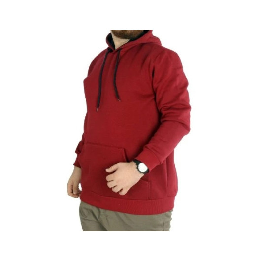 Men Sweatshirt Hooded Kangaroo Pocket Basic Claret Red