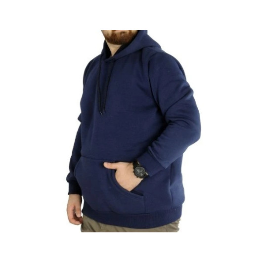 Men Sweatshirt Hooded Kangaroo Pocket Basic Indigo