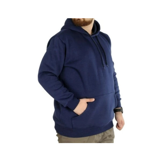 Men Sweatshirt Hooded Kangaroo Pocket Basic Indigo