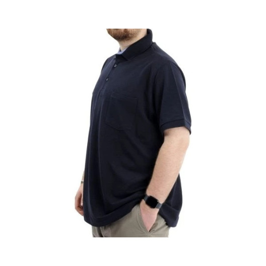 Large Size Men Tshirt Polo Collar With Pocket Classic Navy Blue