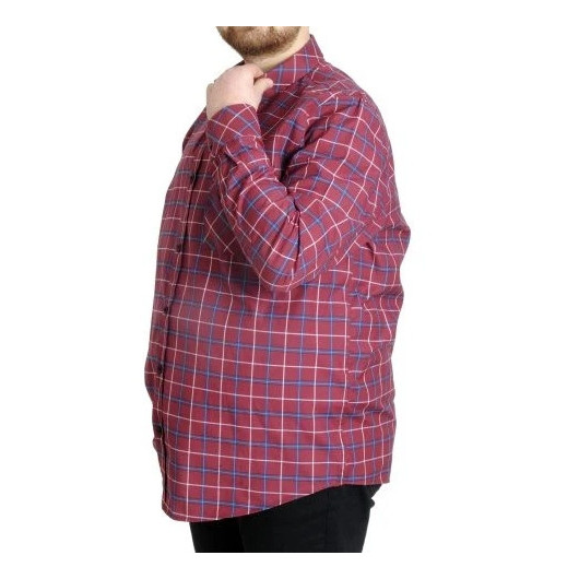 Large Size Men's Plaid Long Sleeved Pocket Shirt Claret Red
