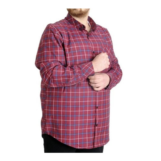 Large Size Men's Plaid Long Sleeved Pocket Shirt Claret Red