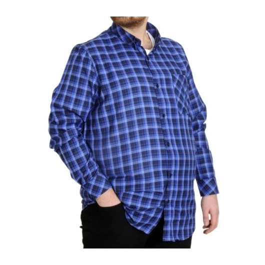 Large Size Men's Plaid Long Sleeved Pocket Shirt Indigo
