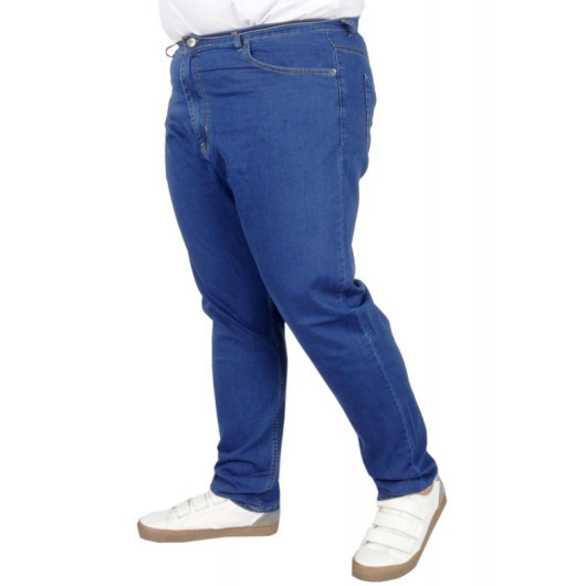 بنطلون جينز للرجال مقاس كبير كتان لون أزرق