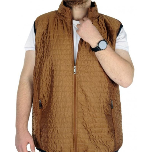 Large Size Men's Vest With Quilted Collar Brown
